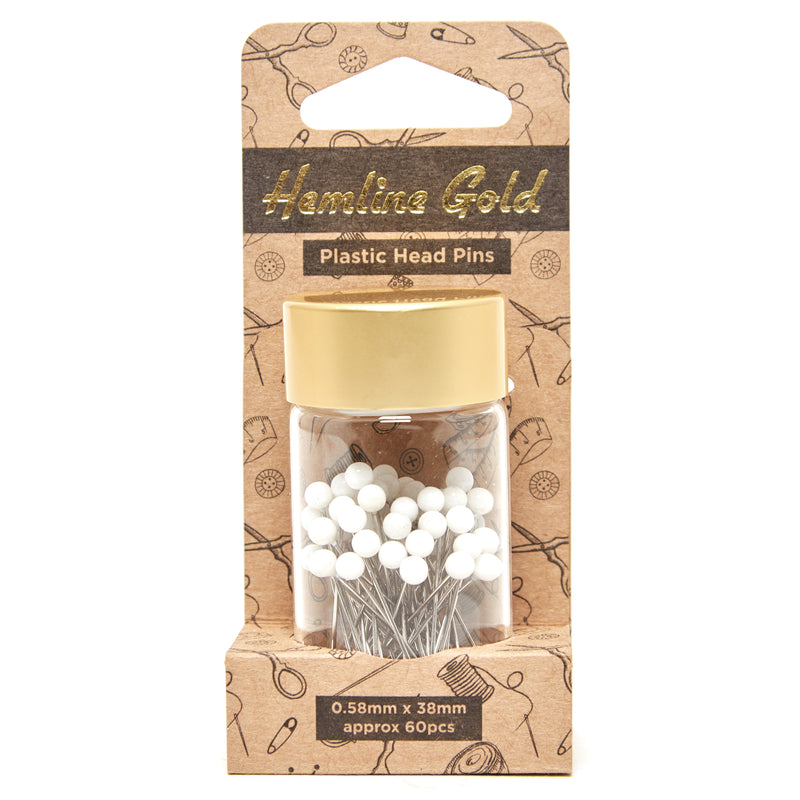 Load image into Gallery viewer, Hemline Gold Pins: Plastic Head: Nickel Plated Steel: 0.58 x 38mm: White: 60 Pieces