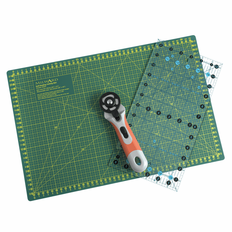 Load image into Gallery viewer, Patchwork Starter Kit: Mat, Rotary Cutter &amp; Ruler
