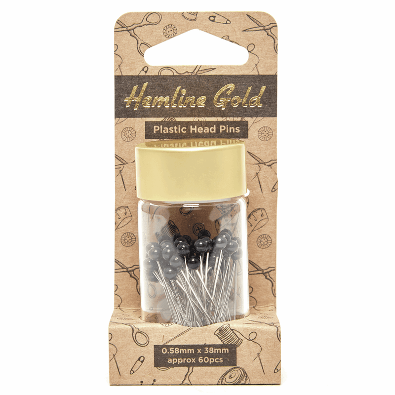 Load image into Gallery viewer, Hemline Gold Pins: Plastic Head: Nickel Plated Steel: 0.58 x 38mm: Black: 60 Pieces