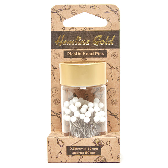 Hemline Gold Pins: Plastic Head: Nickel Plated Steel: 0.58 x 38mm: White: 60 Pieces