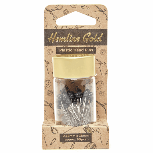 Hemline Gold Pins: Plastic Head: Nickel Plated Steel: 0.58 x 38mm: Black: 60 Pieces