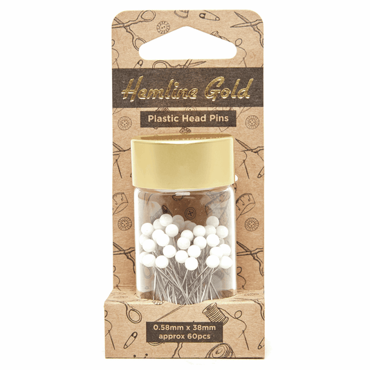 Hemline Gold Pins: Plastic Head: Nickel Plated Steel: 0.58 x 38mm: White: 60 Pieces